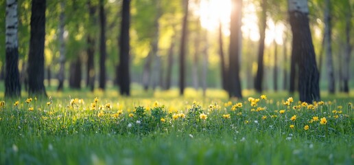 Sunny park meadow with dandelions.
