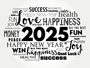Fototapeta premium 2025 year greeting word cloud collage, Happy New Year celebration greeting card