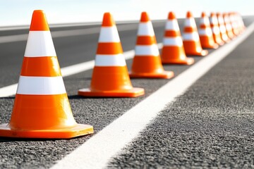 Row of bright orange traffic cones signaling caution and safety on road construction site
