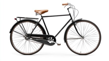 Fototapeta premium Classic black bicycle with brown leather seat and fenders, isolated on white background.