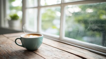 Steaming latte art in a teal cup on a rustic wooden windowsill.