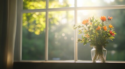 Sunlight streams through window, illuminating a vase of orange and peach flowers on a windowsill, with a blurred background of out-of-focus trees.
