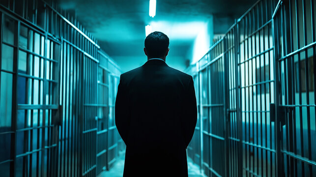 Lawyer and prisoner in court seeking justice for crime, law and punishment in jail, legal authority guilty judgment, arrest process, jury convicts, managing case with attorney defense for criminal.