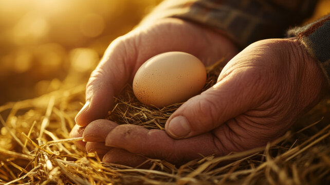 Close-up of a farmer hands gently cradling a freshly laid egg in a nest lined with straw, illuminated by soft, warm natural light --ar 16:9 --v 6.1 Job ID: daed342b-c9e6-4925-be0d-f373b43da167