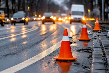 Row of bright orange traffic cones signaling caution and safety on road construction site