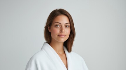 Woman in a white robe with soft lighting and a serene expression in a minimalistic setting during the day.
