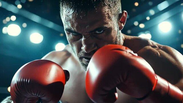 Intense close-up of a boxer with red gloves in a ring under bright lights, capturing the essence of determination in sport