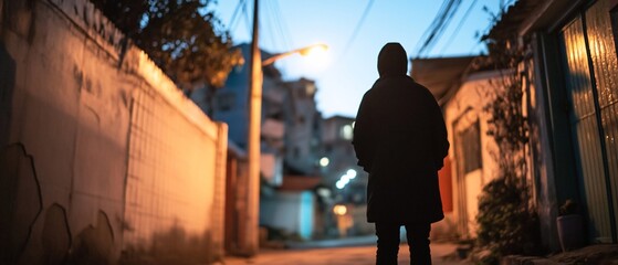 Solitary figure in dimly lit alleyway at dusk.