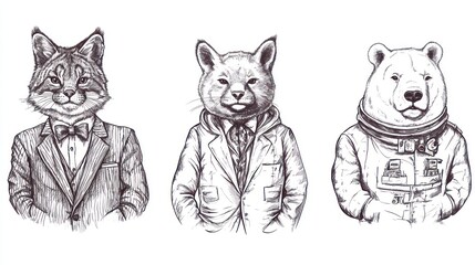 Obraz premium Three anthropomorphic animals, a bobcat wearing a suit and bowtie, a fox wearing a suit and tie, and a polar bear wearing a spacesuit, all drawn in a sketch style.