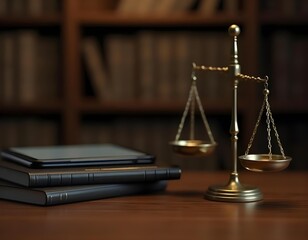 A golden justice scale placed on a wooden table beside a stack of law books.