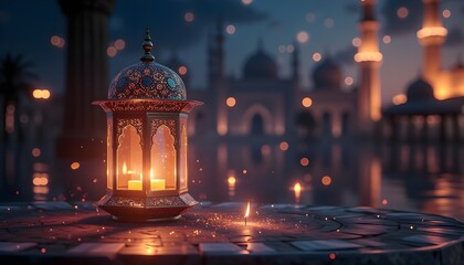 A beautifully designed lantern glows warmly as it illuminates the foreground, with a majestic mosque and crescent moon visible in the twilight sky