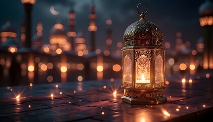 Fototapeta premium A beautifully designed lantern glows warmly as it illuminates the foreground, with a majestic mosque and crescent moon visible in the twilight sky