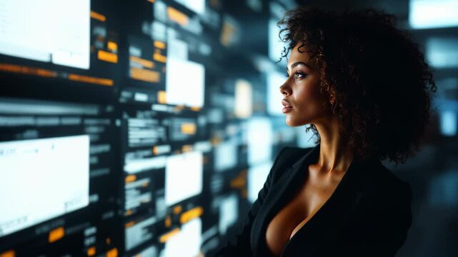 Confident Woman Analyzing Data on Digital Screens in a High-Tech Cyberspace Environment