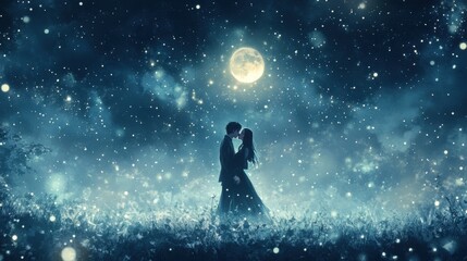 Obraz premium Romantic Couple Silhouette Underneath a Magical Night Sky with a Full Moon