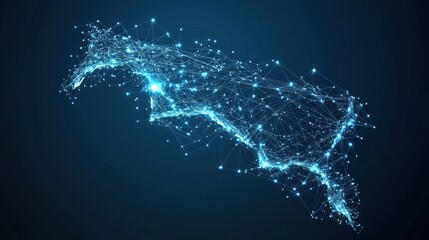 Abstract geometric shape made of connected glowing lines and dots on a dark blue background.