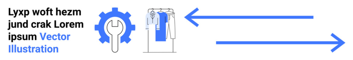 Gear wrench and hanging clothes accompanied by horizontal arrows and placeholder text. Ideal for repair services, clothing industry, process flow, customization, maintenance, logistics