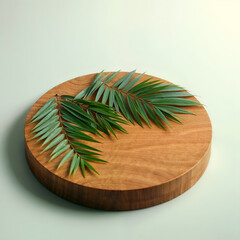 A simple wooden pedestal with palm leaves on a warm peach background, ideal for product display and tropical design. Generative AI