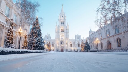 Obraz premium Majestic white gothic palace facade in a snow-covered city square decorated with Christmas trees during winter twilight.