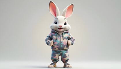 A cheerful and stylish 3D render of a cartoon bunny wearing a trendy camouflage hoodie and matching pants. The rabbit has a friendly smile and a confident pose
