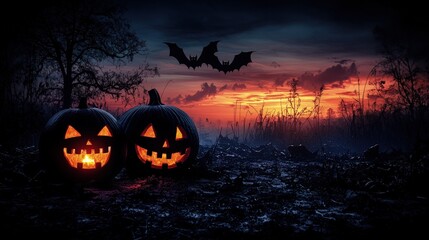 Fototapeta premium Two jack-o'-lanterns glowing at dusk with a bat flying overhead in a spooky Halloween scene.