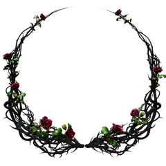 3D rendered wild fantasy wreath made of thorns and red roses isolated on transparent background