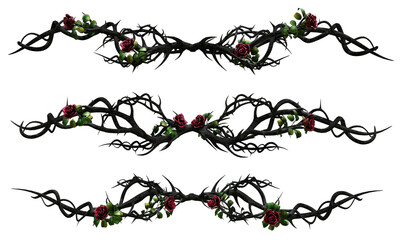 3D rendered dark fantasy branch with thorns and red roses isolated on transparent background © HWWO Stock