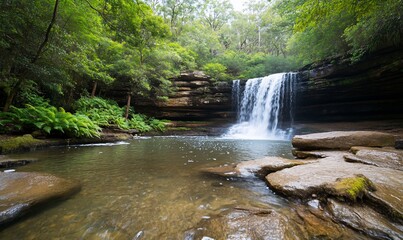 Serene waterfall cascading into a tranquil pool surrounded by lush greenery and rocks.