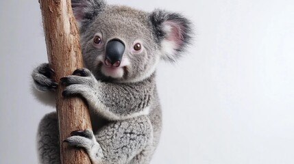 Naklejka premium Adorable koala clinging to a tree branch against a white background.