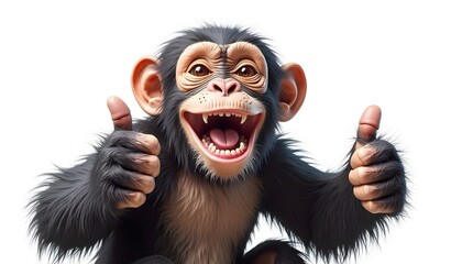A cheerful chimpanzee shows excitement by smiling widely and giving a thumbs up with both hands. The bright white background highlights the joyful expression and playful posture