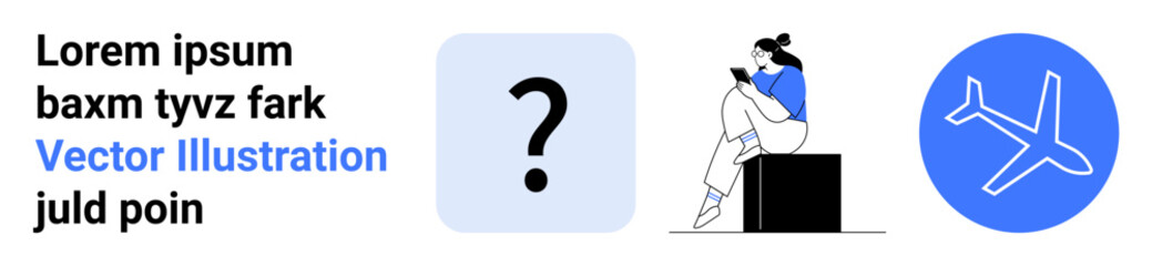 Woman reading on luggage near question mark and airplane icons. Ideal for travel planning, decision making, solo travel, vacations, wanderlust, travel guides, adventure. Landing page