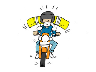 person delivering packages on a motorbike, black and white illustration
