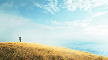 Obraz premium Solitary Figure Contemplating the Ocean from a Grassy Hilltop