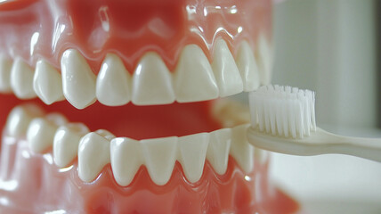 Obraz premium 歯科模型を使った正しい歯磨きのデモンストレーション