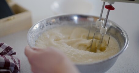 Mixer Mixing Batter in Metal Bowl Preparing for Baking