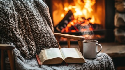 A cozy armchair with a blanket, a book, and a steaming cup of coffee in front of a fireplace.