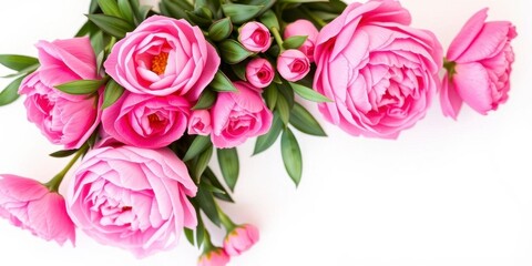 A vibrant bouquet of pink peonies and roses on a white background, ideal for card designs or wedding invitations, pink, bouquet, wedding invitation