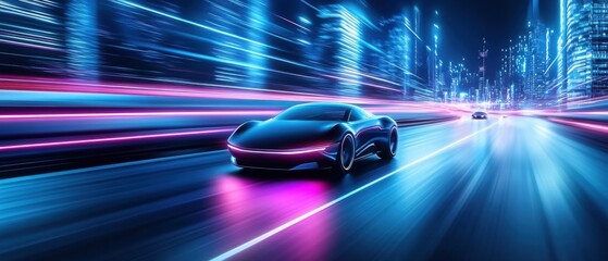 Fototapeta premium Futuristic Electric Sports Car Racing Through Neon Cityscape at Night with Motion Blur Effect