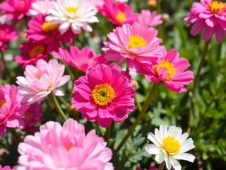 Obraz premium Beautiful pink and white ranunculus flowers in full bloom on a sunny day, vibrant, sunny, blossoms
