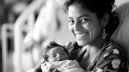 A happy mother smiles at the camera while holding her newborn baby.