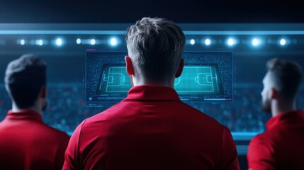 Coaches Analyzing Soccer Tactics During Match with Advanced Technology in Modern Stadium Setting