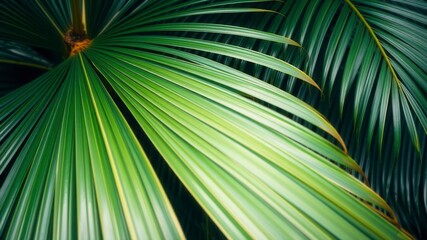 Obraz premium Close up of the intricate texture of a vibrant green palm leaf, showcasing its natural beauty, tropical forest, botanical, tropical plant