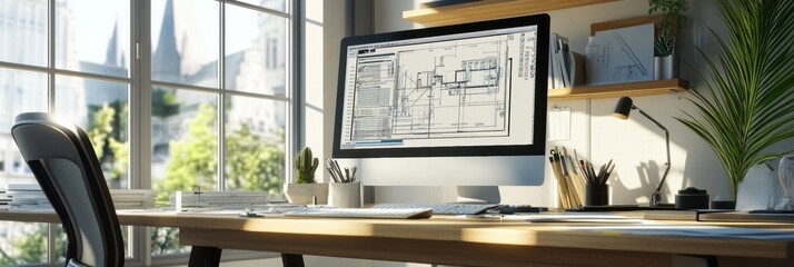 Modern engineering desk with computer displaying architectural plans and an organized workspace in a well lit room. Generative AI