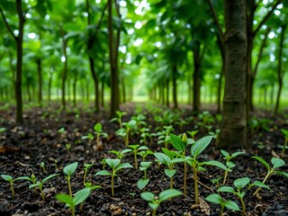 Coffee bean seedlings sprouting from the earth, surrounded by lush green leaves, embodying the concept of growth and nature, growth, earth