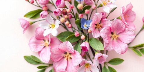 Colorful spring flowers blooming on a soft paper background, delicate, decoration, closeup