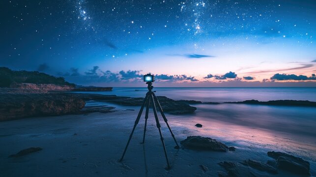 Camera on tripod captures night sky and ocean.