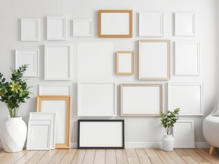 A mockup of a photo frame gallery wall with various frames in different sizes and styles on a white wall, sizes, gallery