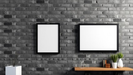 A poster mockup hanging on clips on a white brick wall at home, display, frame