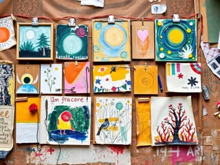 An artistic and visually striking photo collage layout featuring a mix of colorful paintings, drawings, and photographs, mixed media, art, composition