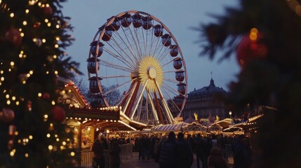 Illuminated Ferris wheel at a bustling Christmas market at dusk.
