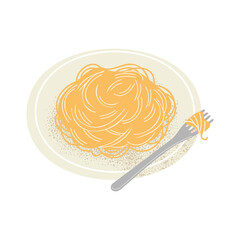 Illustration of Italian pasta on a plate with a fork. Perfect for food designs, menus, or culinary projects. Hand-drawn vector illustration with a white isolated background.